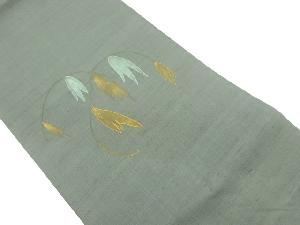 手織り紬金彩抽象葉模様刺繍名古屋帯